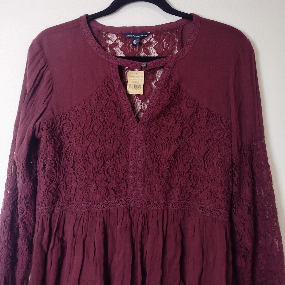 American Eagle Sheer Lace Panel Bell Sleeve V-Neck Flowy Peplum Blouse Wine Red - Picture 4 of 15